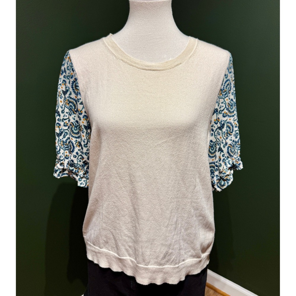 J. Crew Cream Knit Top‎ with Floral Print Puff Sleeves Women's Size L